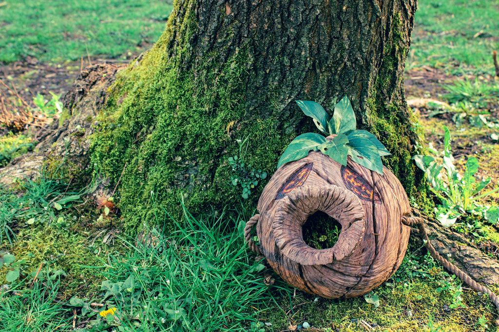 The Wooden Deku Mask outside on the ground under a tree.