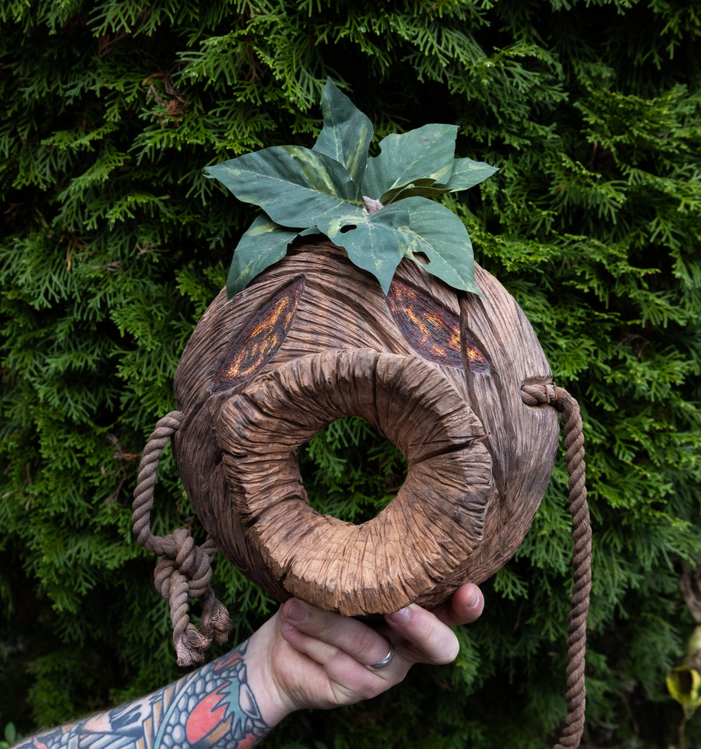The Wooden Deku Mask outside with a tree background being held up by a persons hand