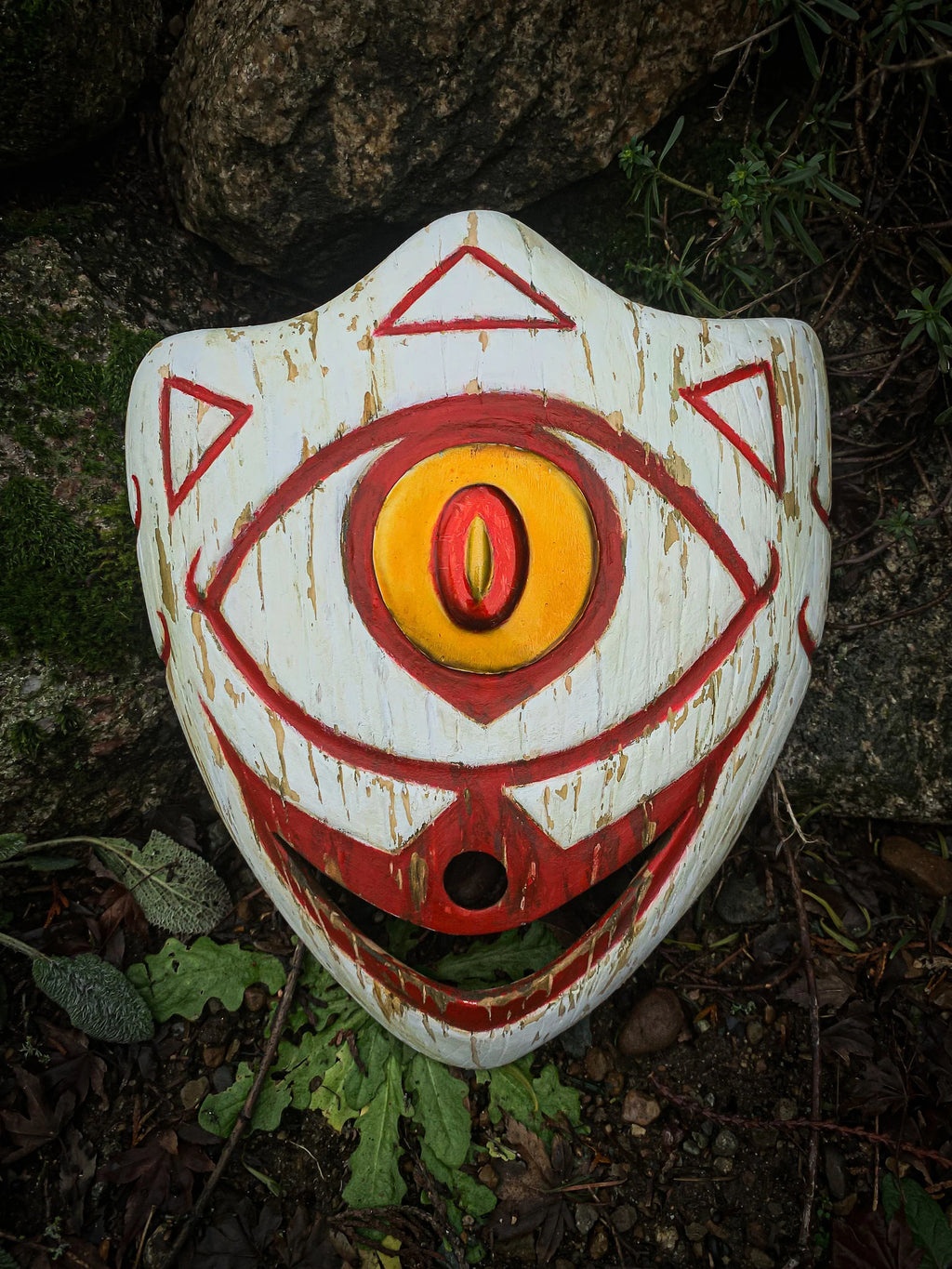 Mask of Truth Wooden Replica // The Legend of Zelda in a natural outdoor scene.