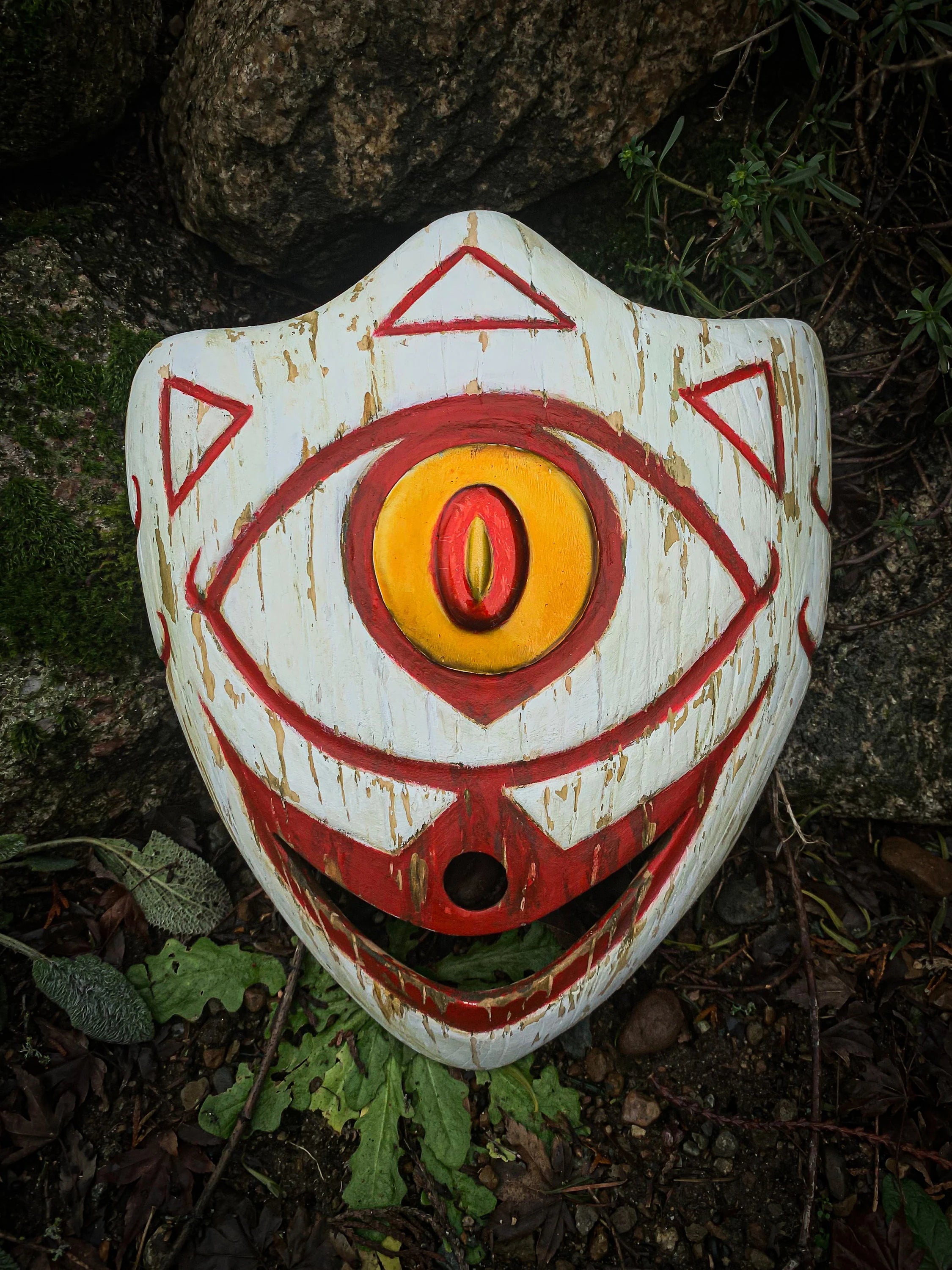 Mask of Truth Wooden Replica // The Legend of Zelda in a natural outdoor scene.