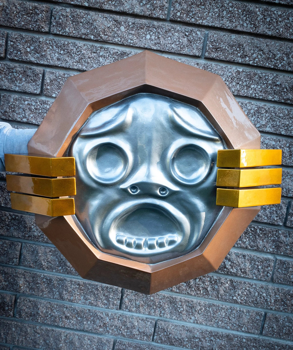 Mirror Shield // Majora's Mask - The Legend of Zelda Cosplay Replica Prop against brick backdrop